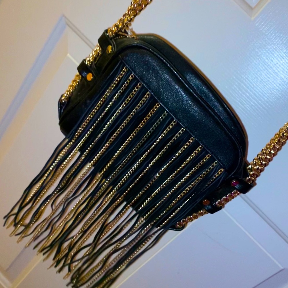 BEBE Leather Fringe Chain Cross Over Body Purse